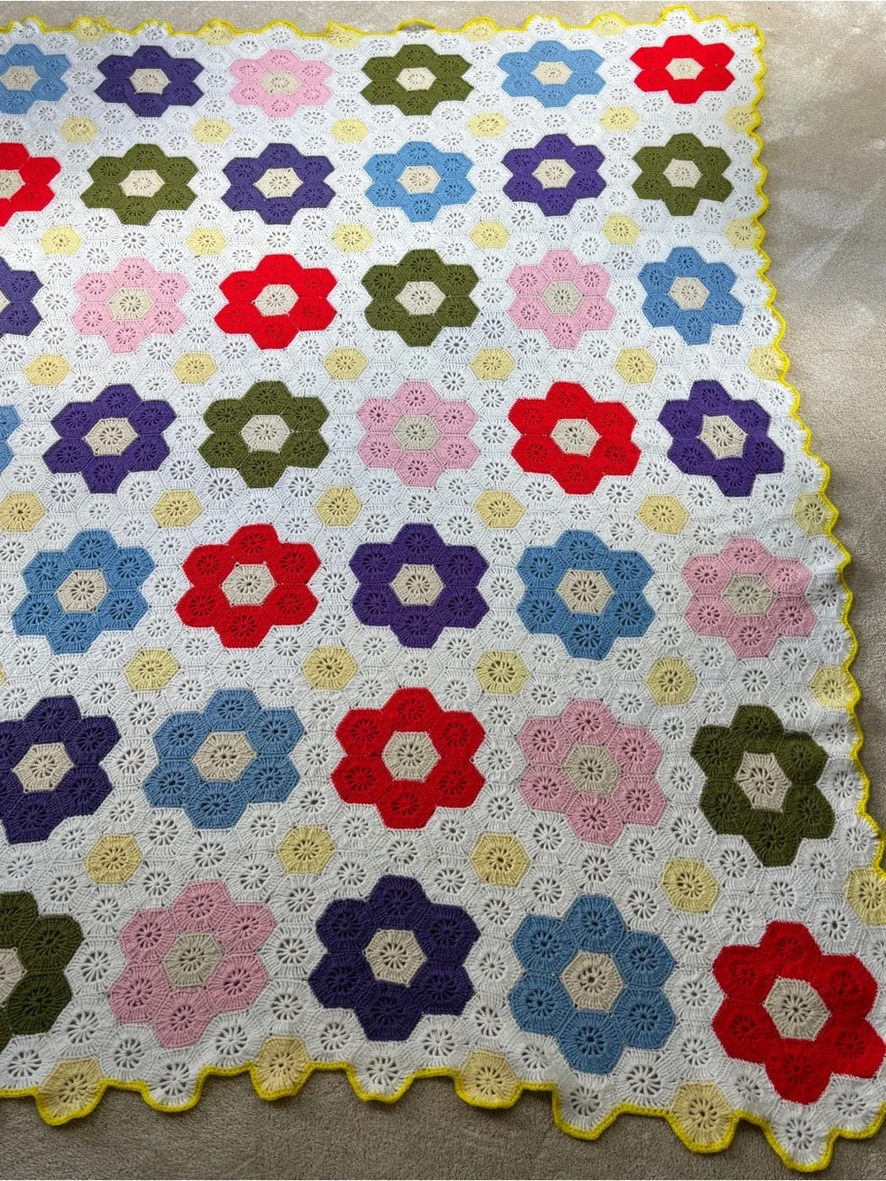 Granny Square Flower Garden Blanket Full Size Hexagon Edge